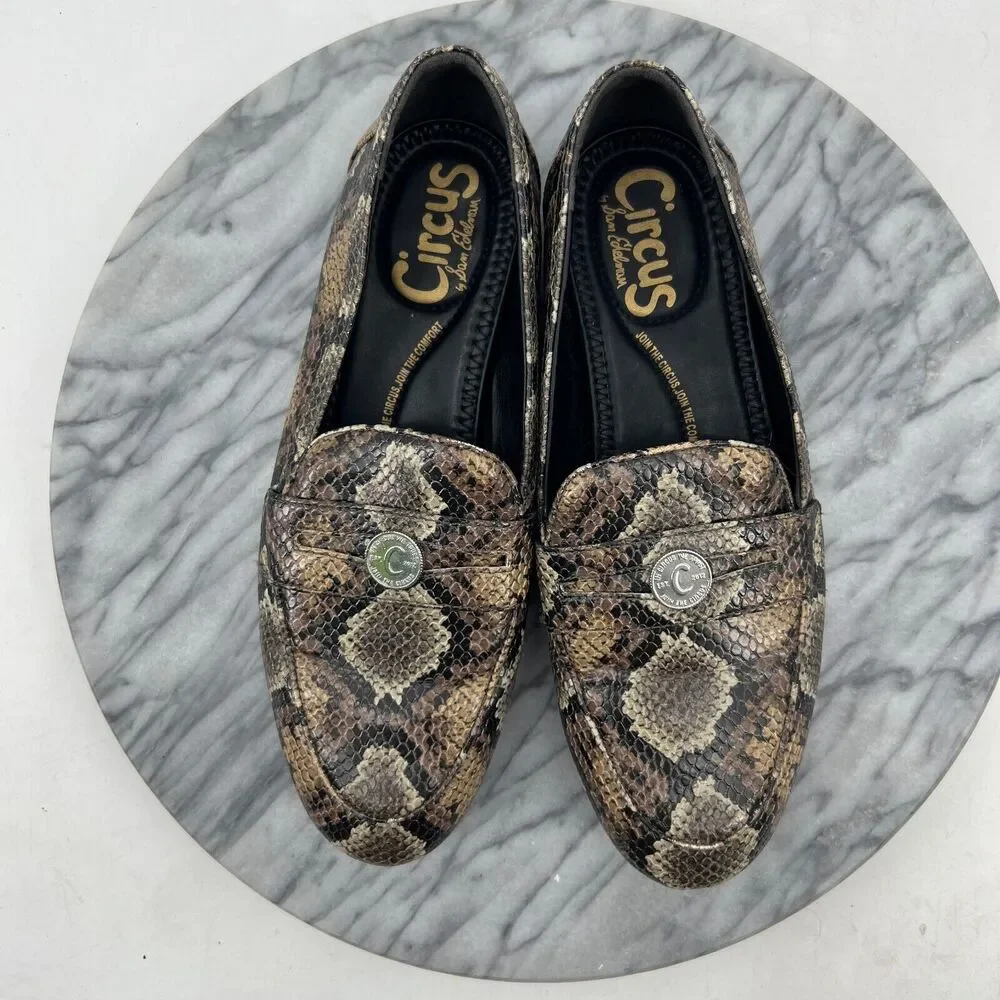 Sam Edelman Circus Loafer Womens 7 Brown Leather Snake Print Slip On Flats Shoes
